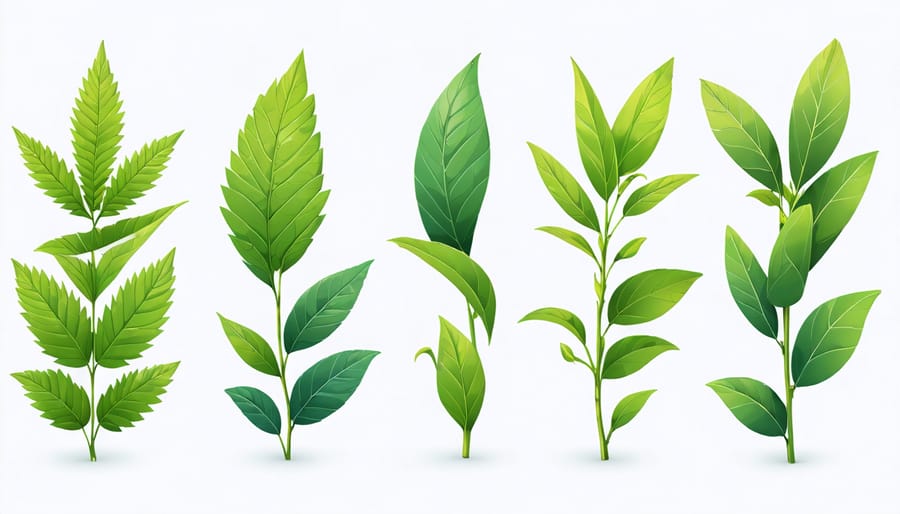 Various types of kratom leaves with labels indicating their origins