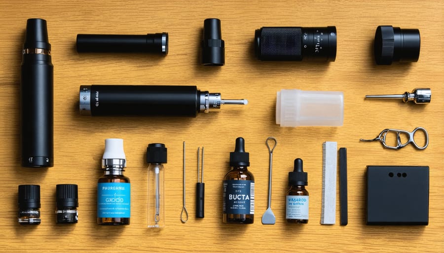 Essential vaping tools and accessories displayed on a crafting table