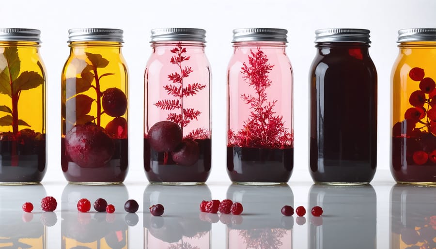 Four glass jars showing stages of extracting pink and purple dyes from beets and berries