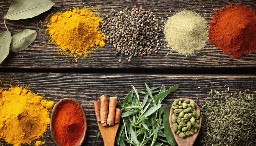 Natural dye ingredients from spices including vibrant yellow turmeric, red paprika, and green herbs arranged on wood